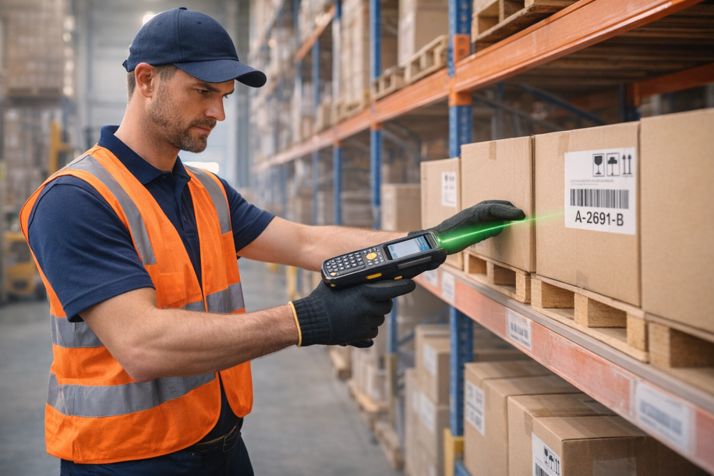 Opérateur logistique avec terminal mobile dans un entrepôt