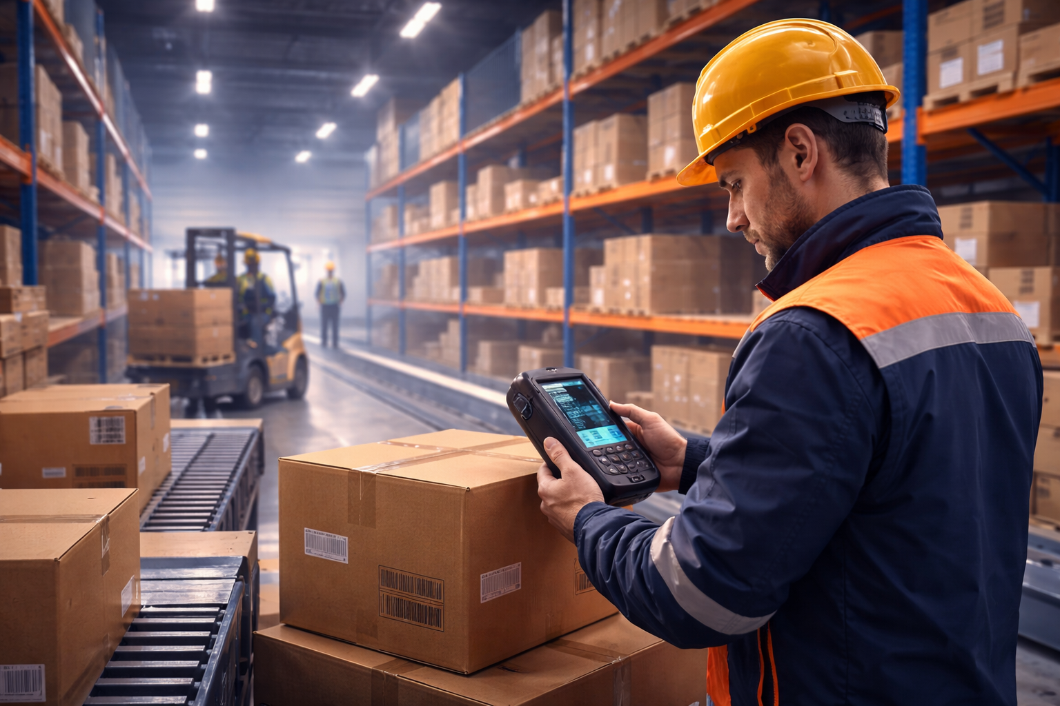 Opérateur logistique avec terminal mobile dans un entrepôt connecté à EBP